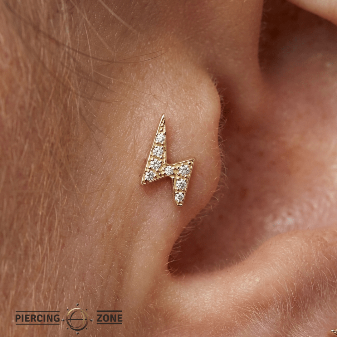Lightning Bolt with Gems – 14K Gold Threadless/Threaded End - piercing - zone.com