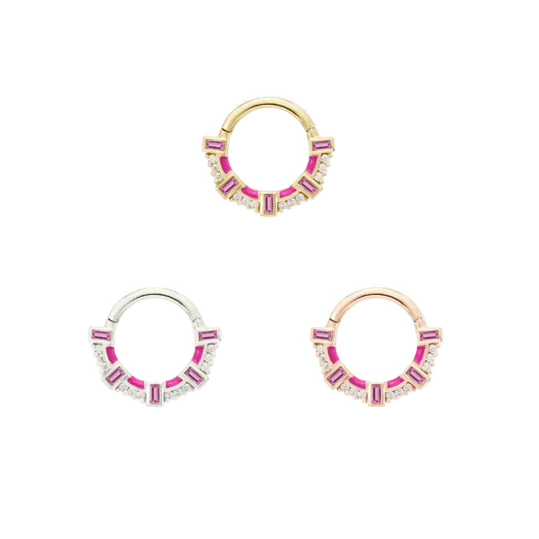 Lola – 14K Gold Pink Sapphire & Enamel Clicker Ring - piercing - zone.com