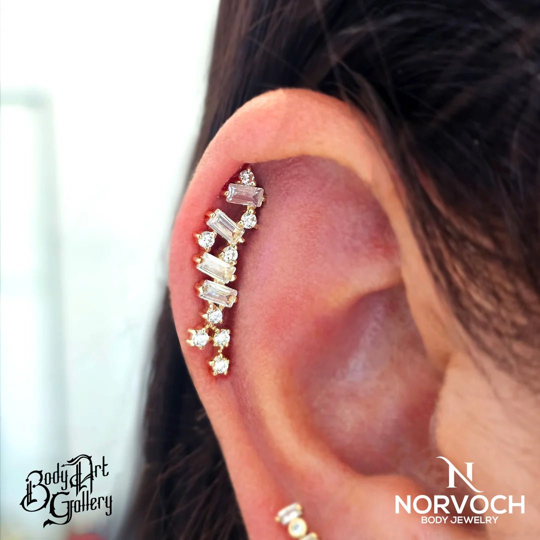 Lynx – 14K/18K Gold Baguette & Round Multi - Stone Threadless End - piercing - zone.com