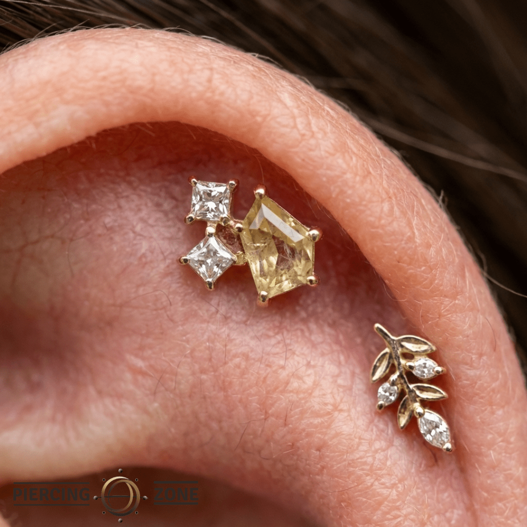 Lyra – Rutilated Quartz & CZ – 14K Gold Threadless End - piercing - zone.com