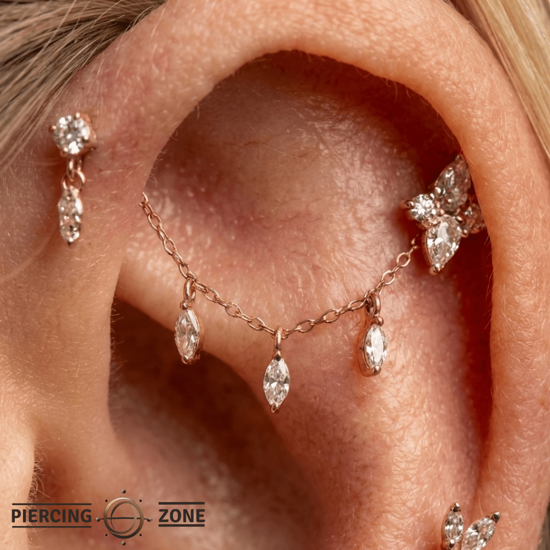 Lyric – CZ Leaf Charms – 14K Gold Chain - piercing - zone.com