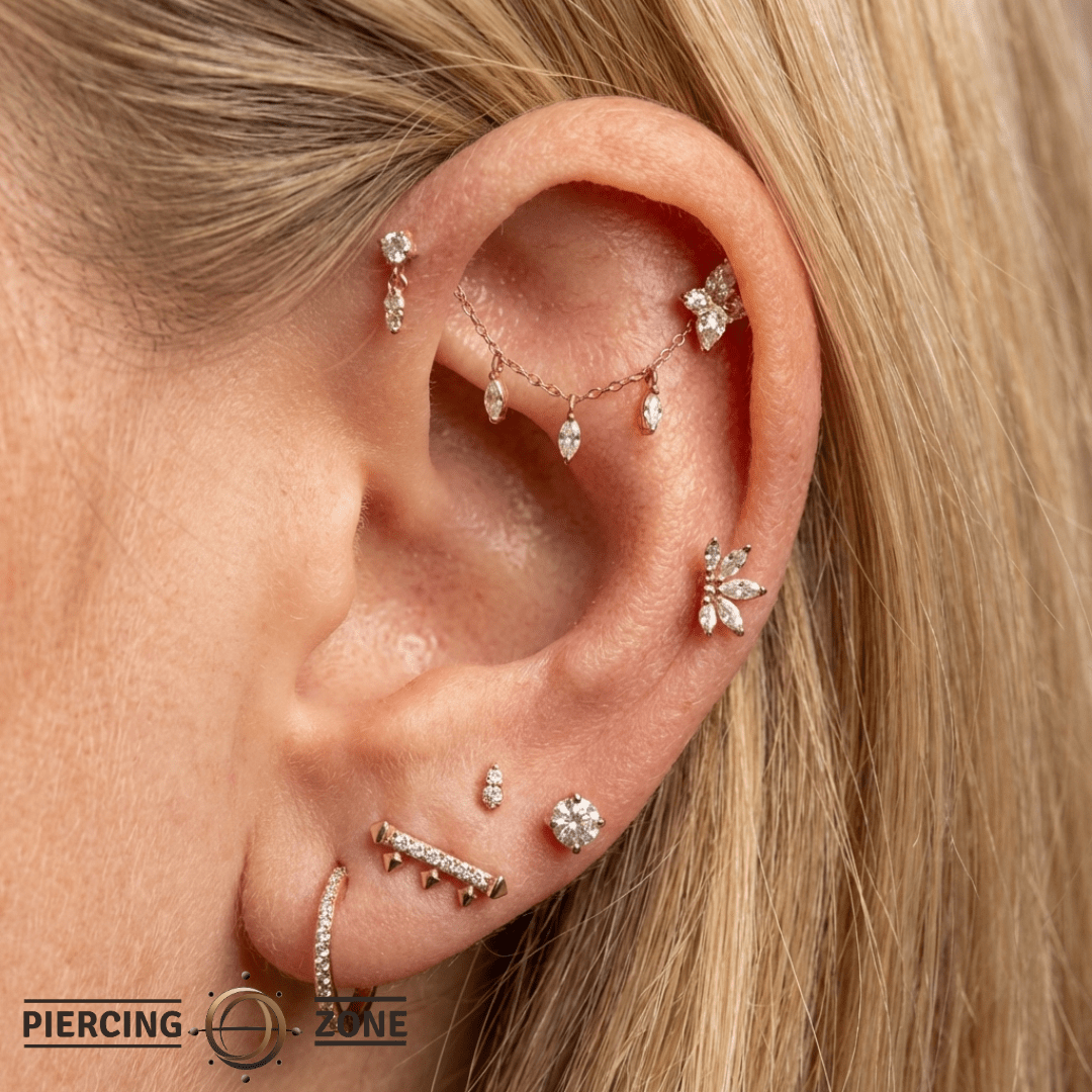 Lyric – CZ Leaf Charms – 14K Gold Chain - piercing - zone.com