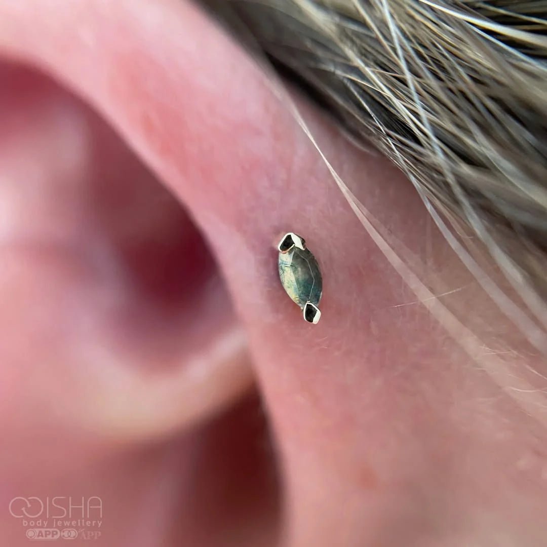 Marquise Moss II – Moss Agate Marquise – 14K Gold Threadless End - piercing - zone.com