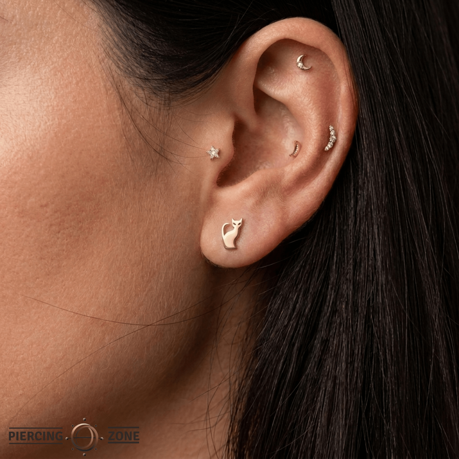 Meow – Arched Cat Silhouette – 14K Gold Threadless End - piercing - zone.com