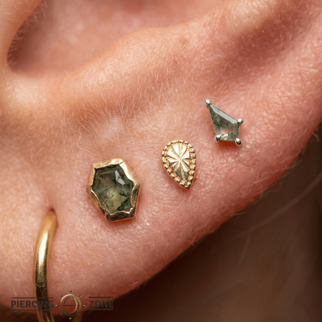 Mini Soho – Moss Agate Kite – 14K Gold Threadless End - piercing - zone.com