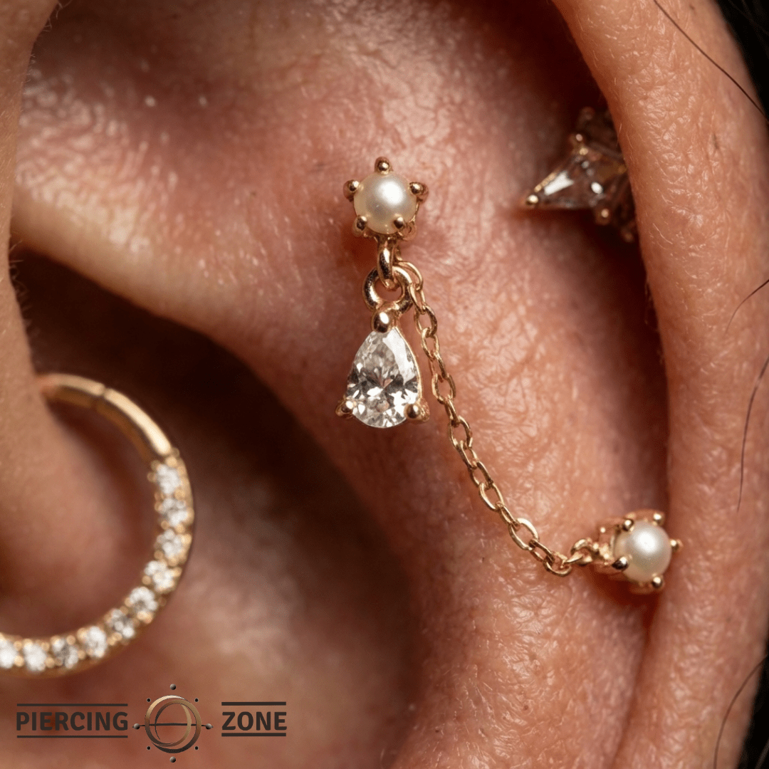 Mischief – Pearl & CZ Chain Duo – 14K Gold Threadless End - piercing - zone.com