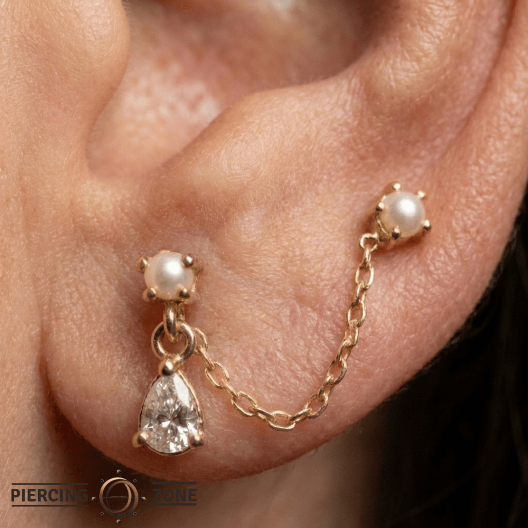 Mischief – Pearl & CZ Chain Duo – 14K Gold Threadless End - piercing - zone.com