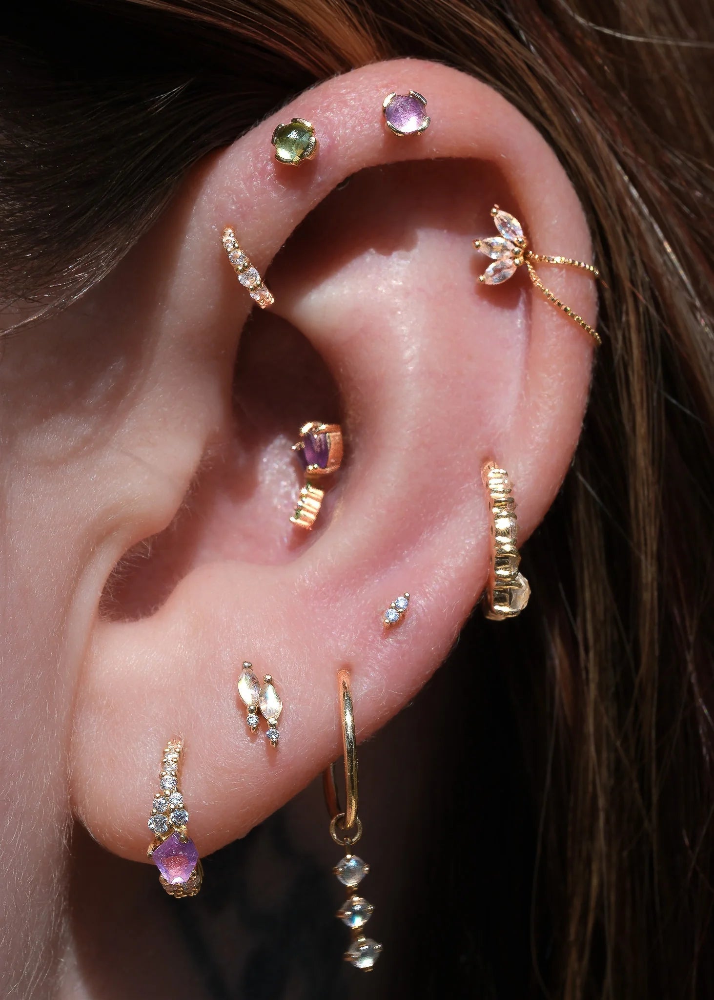 Moet Mini Threadless End with Rainbow Moonstone - 14K Gold Gem End - piercing - zone.com