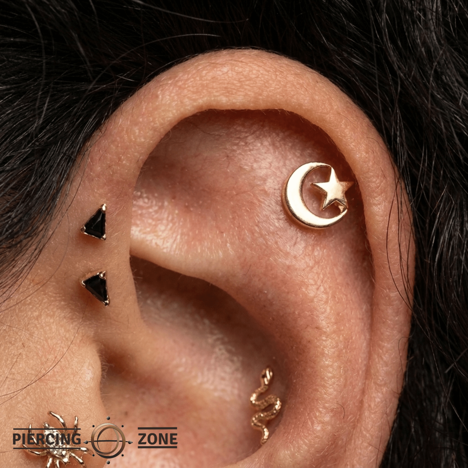 Moon Star Pin - 14K Gold Celestial Threadless End - piercing - zone.com