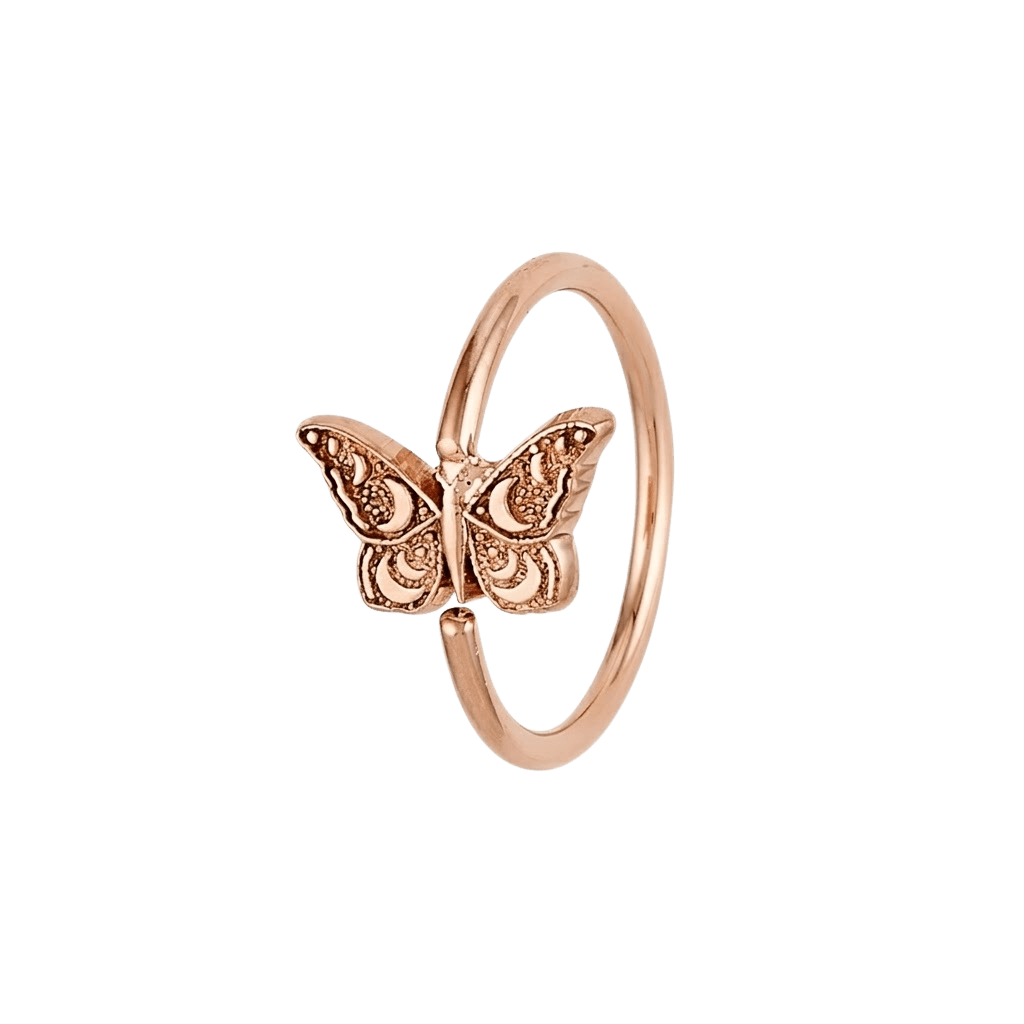 Moonlit Flutter - 14K Gold Butterfly Fixed Bead Ring - piercing - zone.com