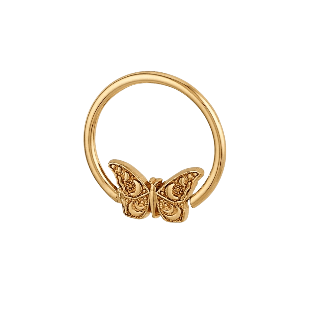 Moonlit Flutter - 14K Gold Butterfly Fixed Bead Ring - piercing - zone.com