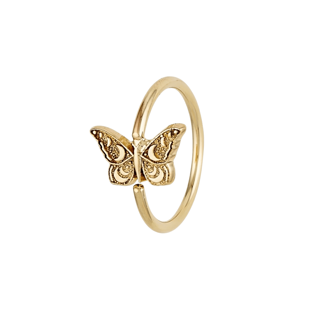 Moonlit Flutter - 14K Gold Butterfly Fixed Bead Ring - piercing - zone.com