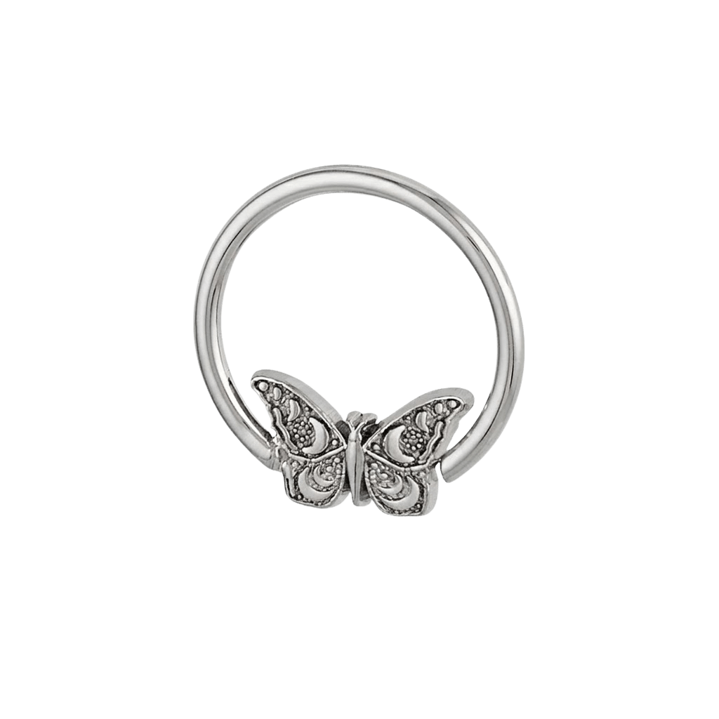 Moonlit Flutter - 14K Gold Butterfly Fixed Bead Ring - piercing - zone.com