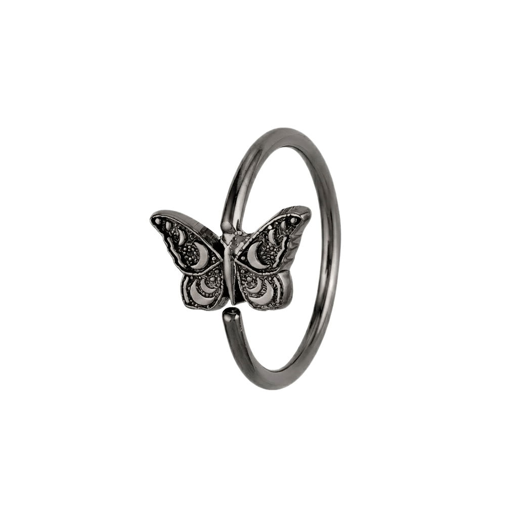 Moonlit Flutter - 14K Gold Butterfly Fixed Bead Ring - piercing - zone.com