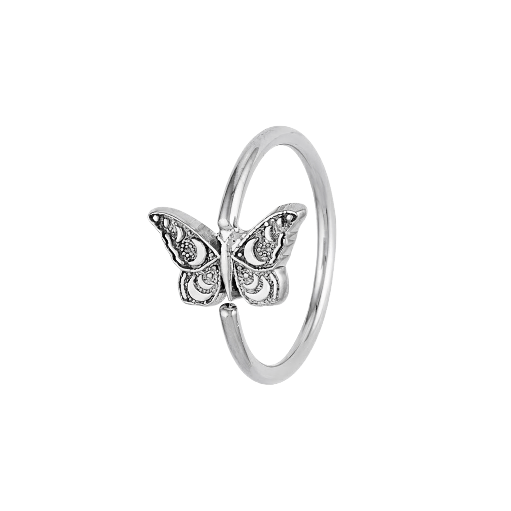 Moonlit Flutter - 14K Gold Butterfly Fixed Bead Ring - piercing - zone.com