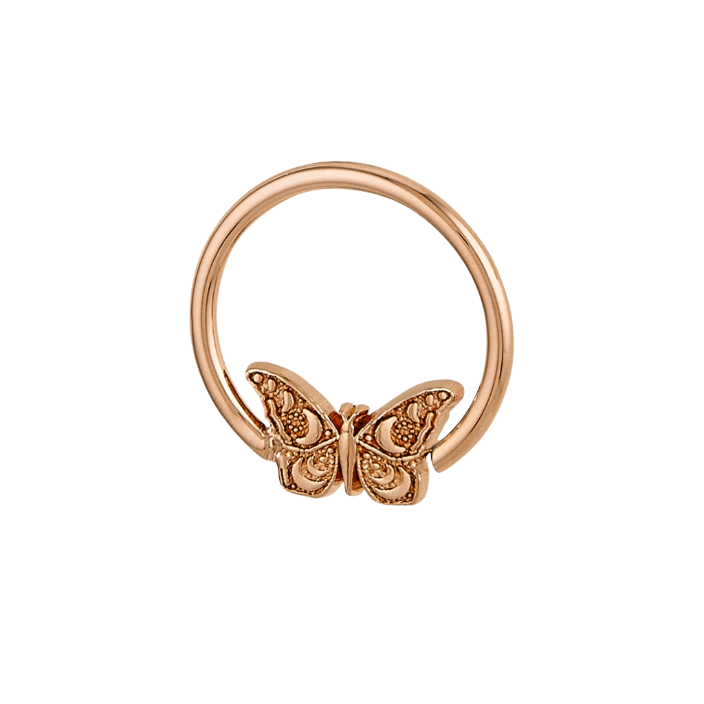 Moonlit Flutter - 14K Gold Butterfly Fixed Bead Ring - piercing - zone.com