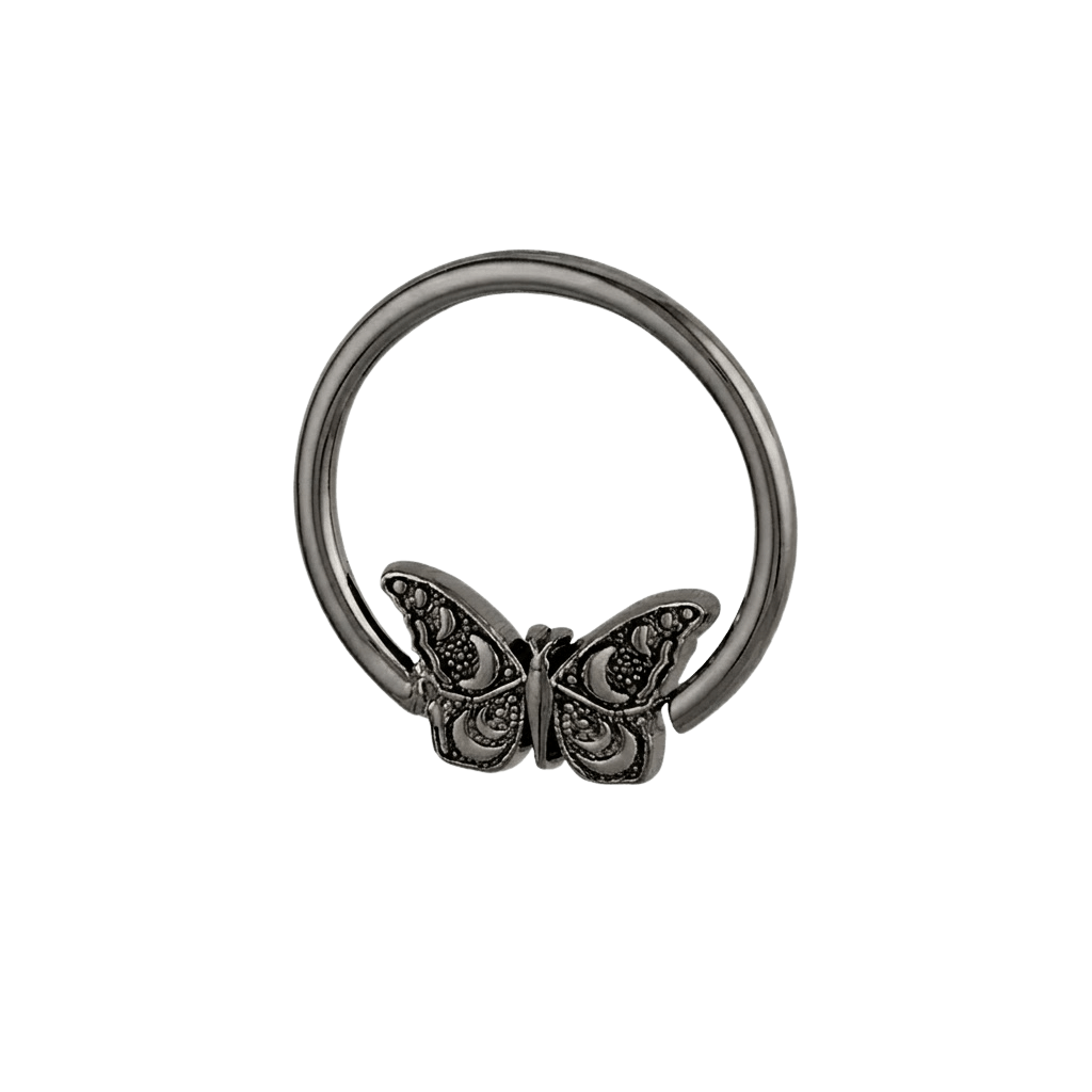 Moonlit Flutter - 14K Gold Butterfly Fixed Bead Ring - piercing - zone.com