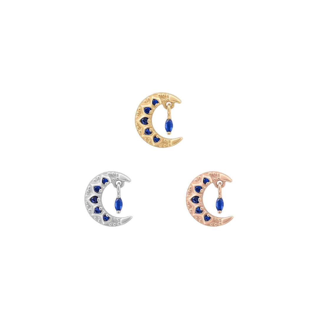 Moroccan Moon - 14K Gold Lab Blue Sapphire Threadless End - piercing-zone.com