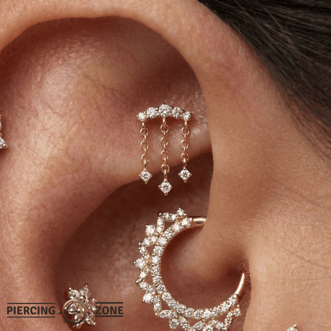 Moving On CZ Chain Arc – 14K Gold Threadless End - piercing - zone.com