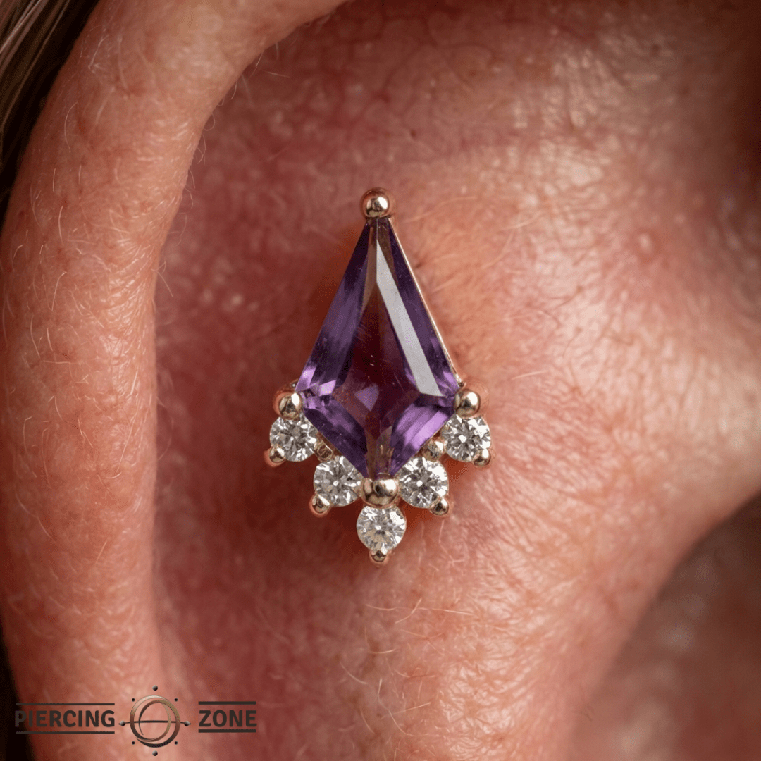 Noble – Amethyst & CZ Kite – 14K Gold Threadless End - piercing - zone.com