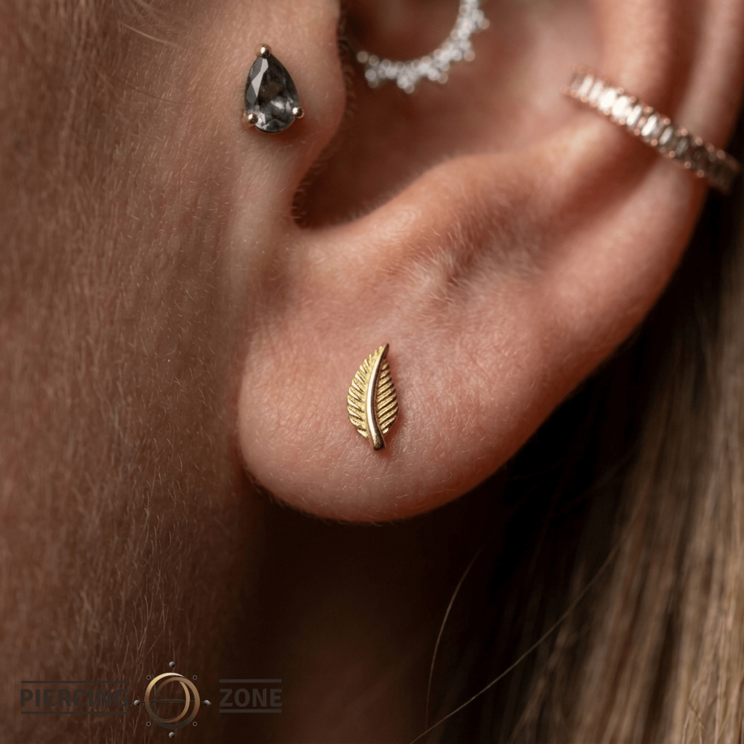 Origin Leaf – Ridged Silhouette – 14K Gold Threadless End - piercing - zone.com