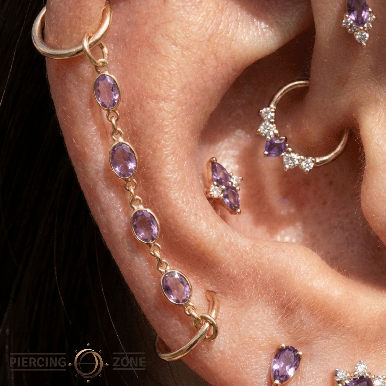 Oval Amethyst Chain – 18K Gold Gemstone Piercing Chain - piercing - zone.com