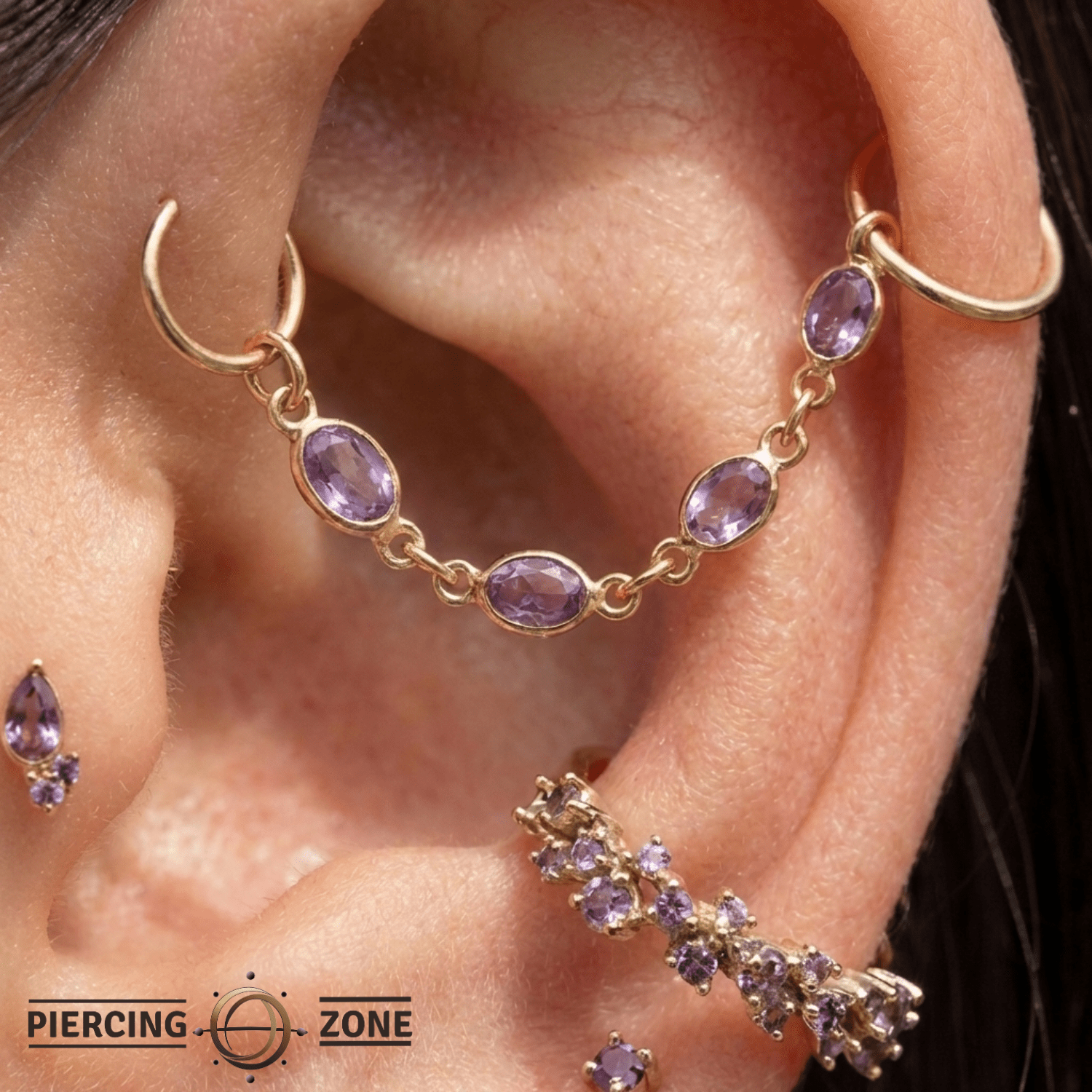 Oval Amethyst Chain – 18K Gold Gemstone Piercing Chain - piercing - zone.com