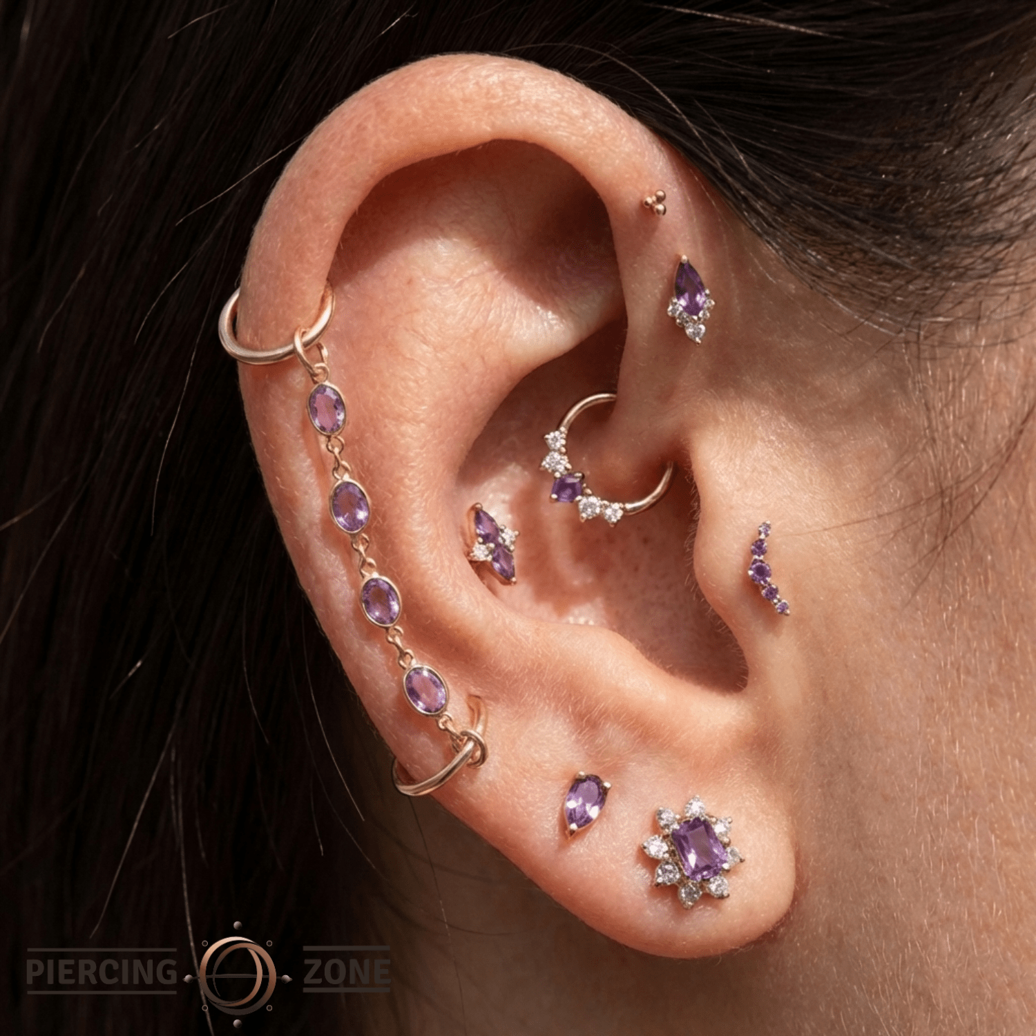 Oval Amethyst Chain – 18K Gold Gemstone Piercing Chain - piercing - zone.com
