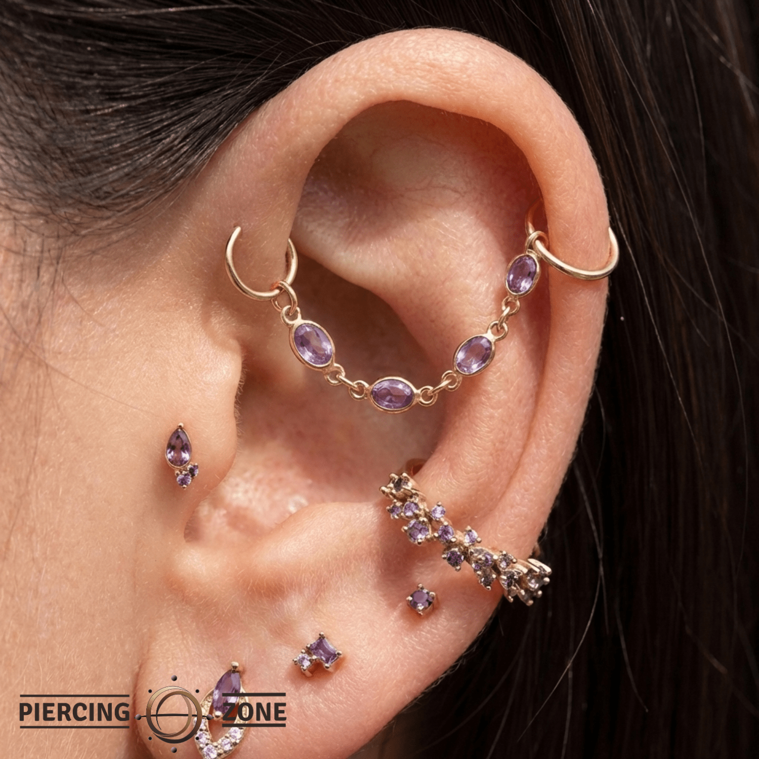 Oval Amethyst Chain – 18K Gold Gemstone Piercing Chain - piercing - zone.com