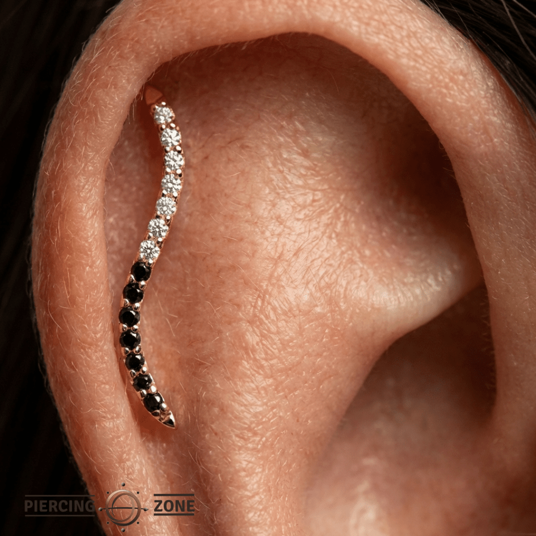 Path With Gems Half and Half – 14K Gold Threadless/Threaded End - piercing - zone.com