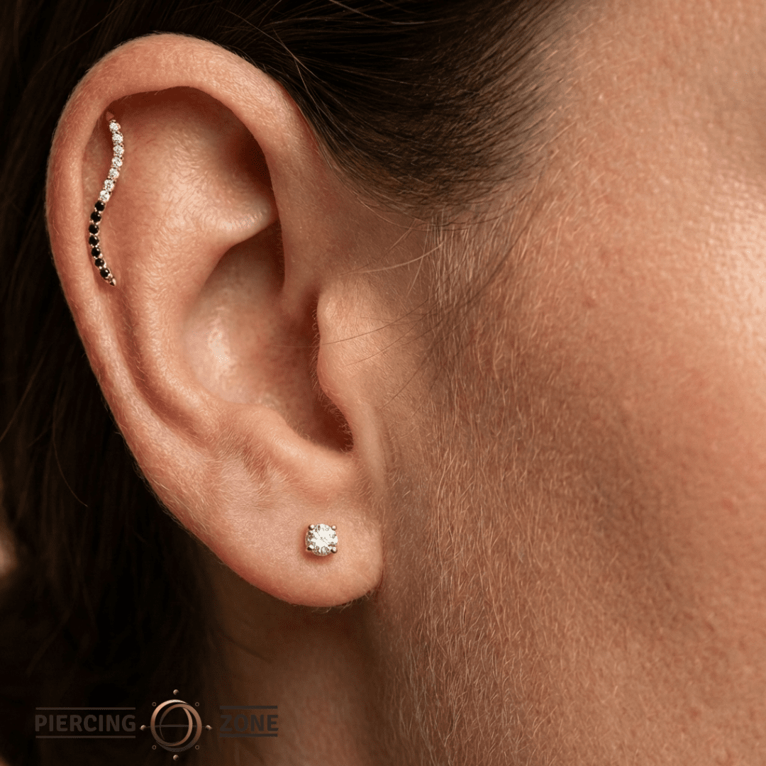 Path With Gems Half and Half – 14K Gold Threadless/Threaded End - piercing - zone.com