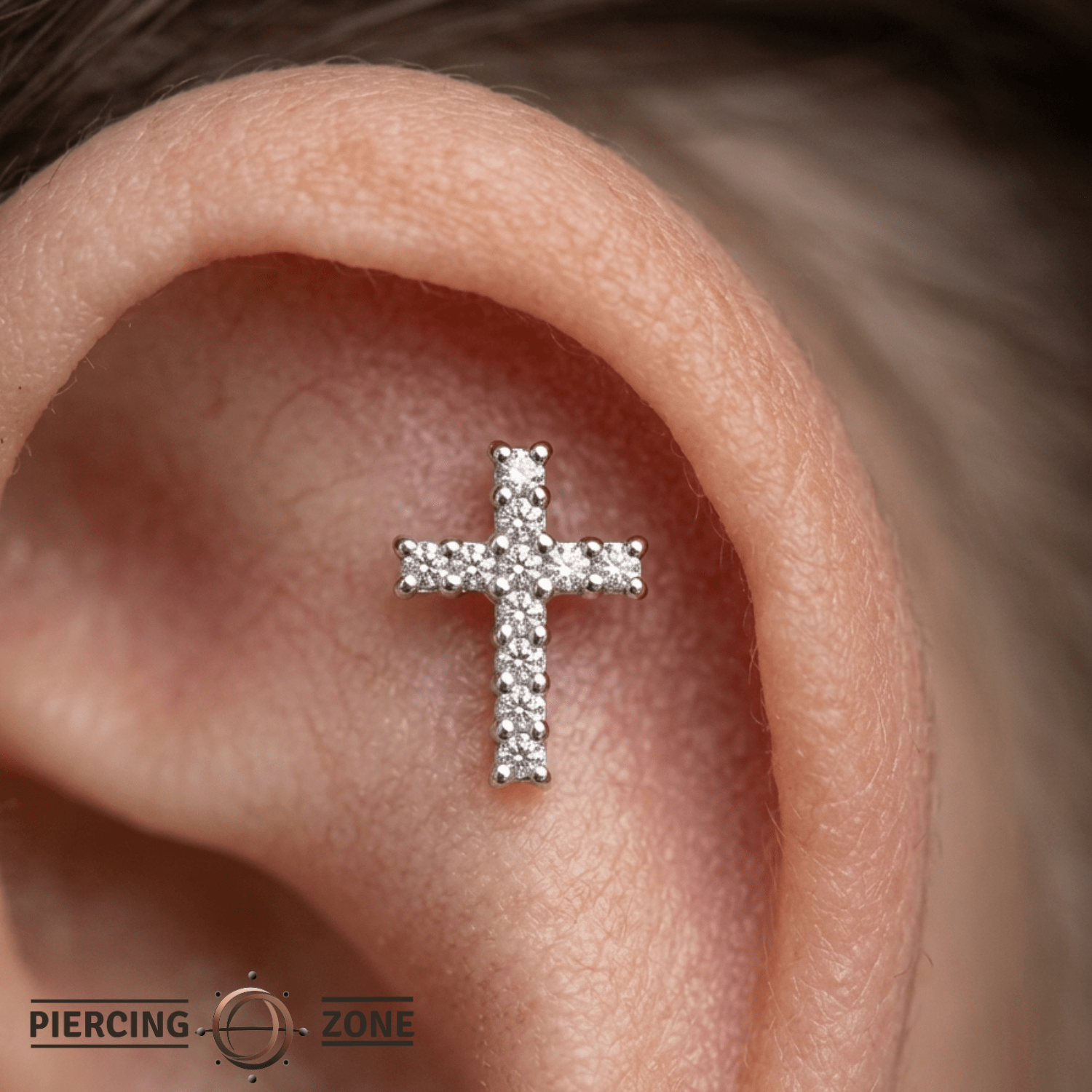 Pave Cross Pin - 14K Gold Gem Cross Threadless End - piercing - zone.com