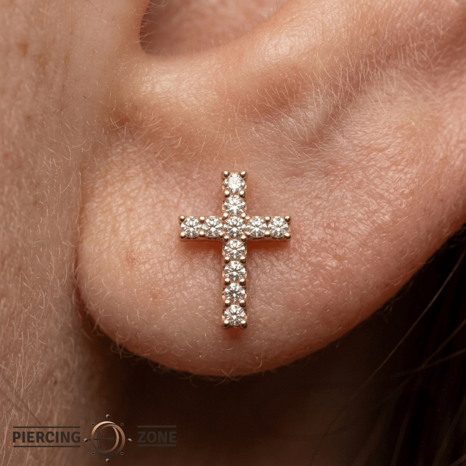Pave Cross Pin - 14K Gold Gem Cross Threadless End - piercing - zone.com