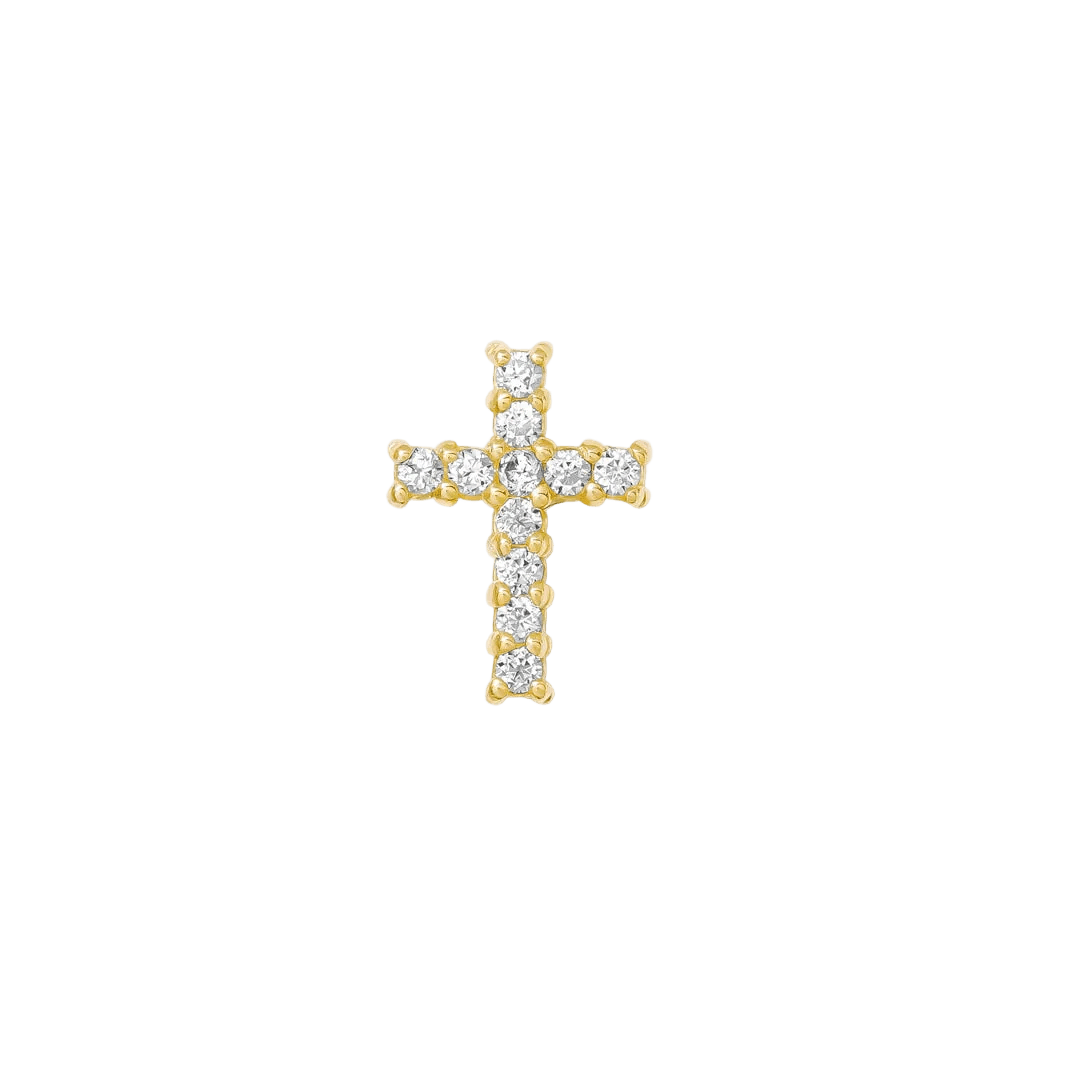 Pave Cross Pin - 14K Gold Gem Cross Threadless End - piercing - zone.com