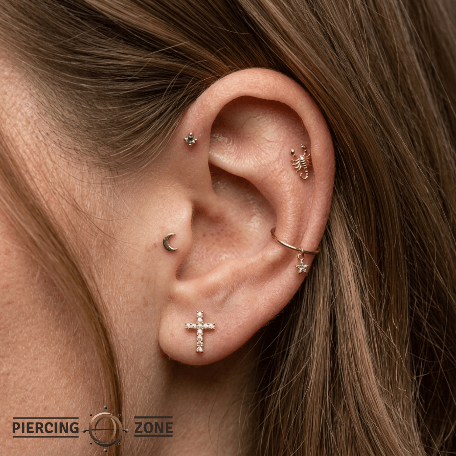 Pave Cross Pin - 14K Gold Gem Cross Threadless End - piercing - zone.com