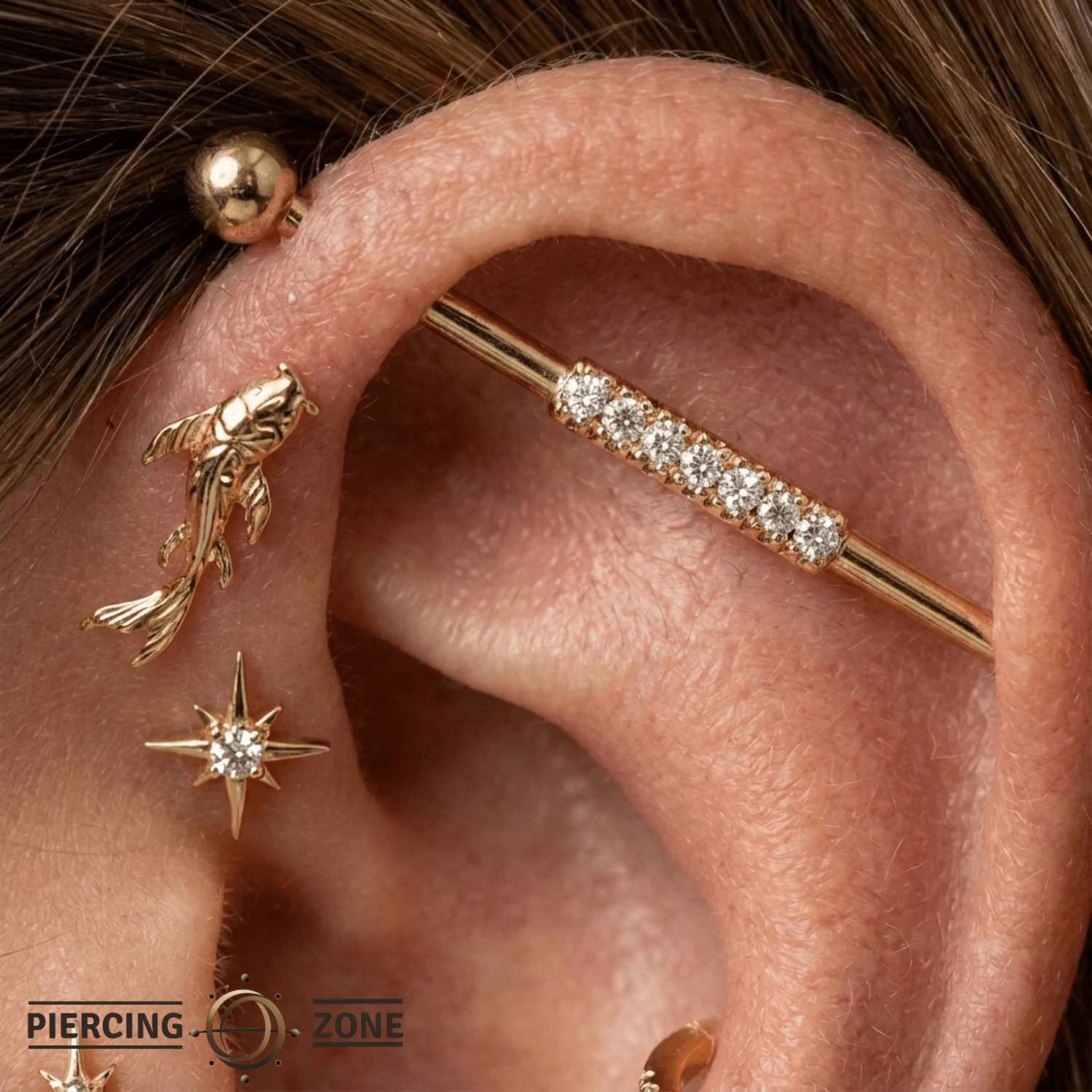 Pavé Line - 14K Gold Gem Straight Barbell - piercing - zone.com