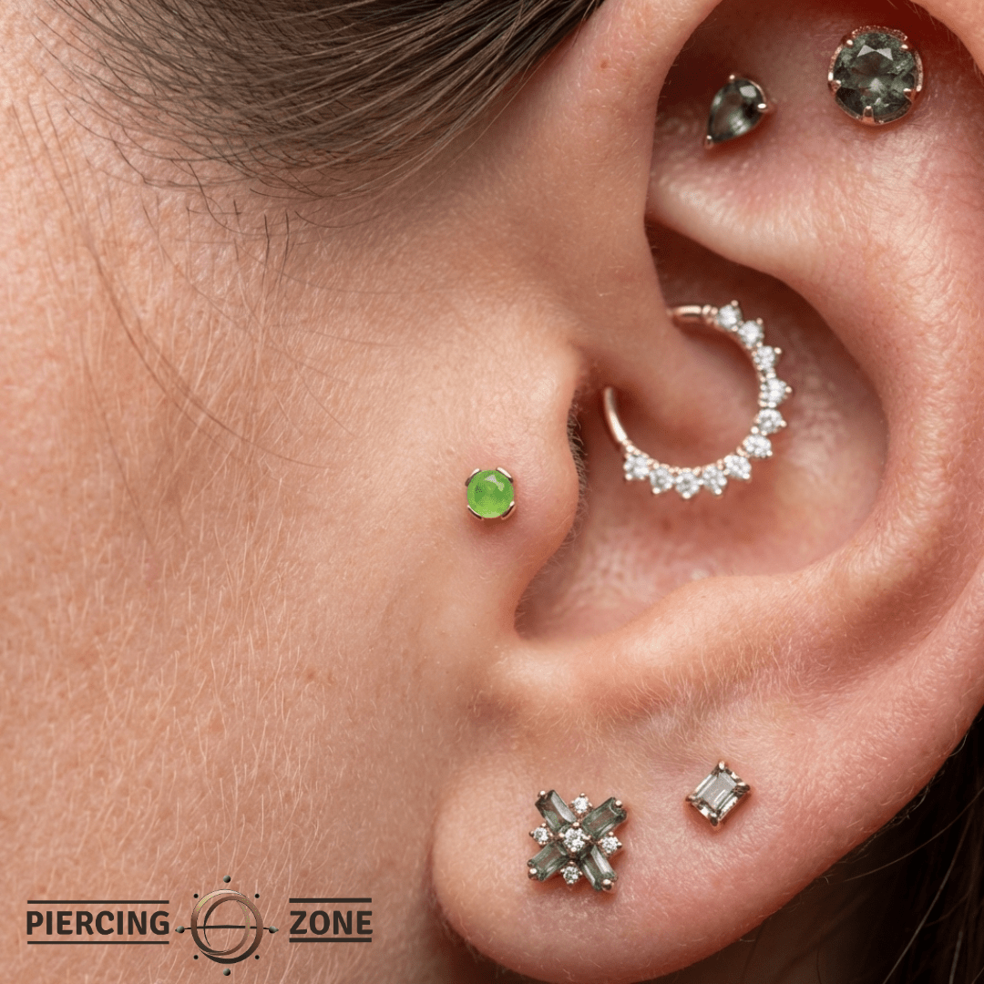 Peekaboo – Sandblasted Peridot – 14K Gold Threadless End - piercing - zone.com