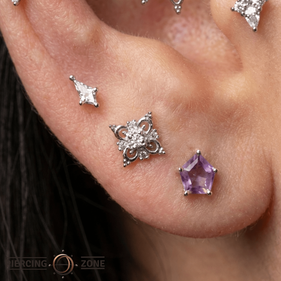 Penta – Hexagon Amethyst – 14K Gold Threadless End - piercing - zone.com