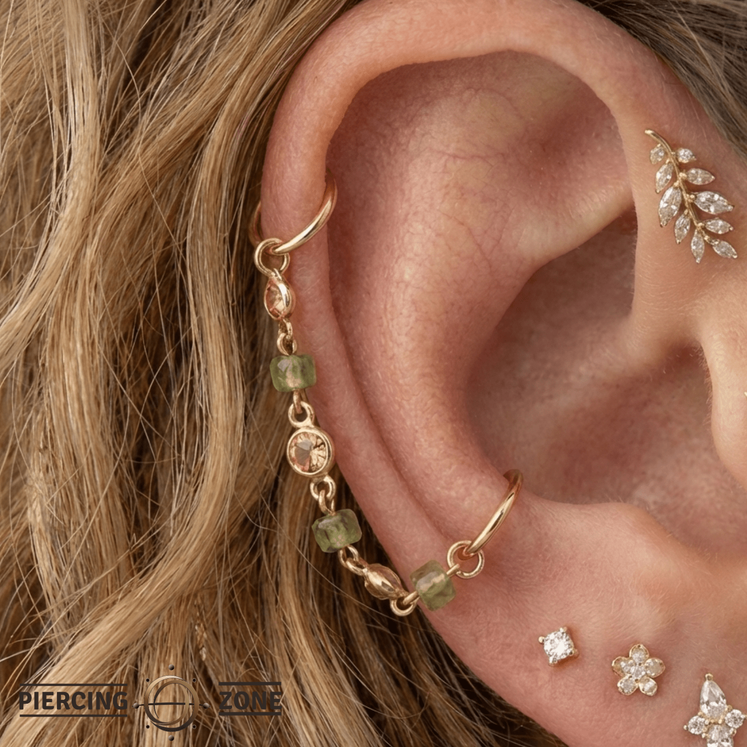 Peridot & Citrine Chain – 18K Gold Gemstone Piercing Chain - piercing - zone.com
