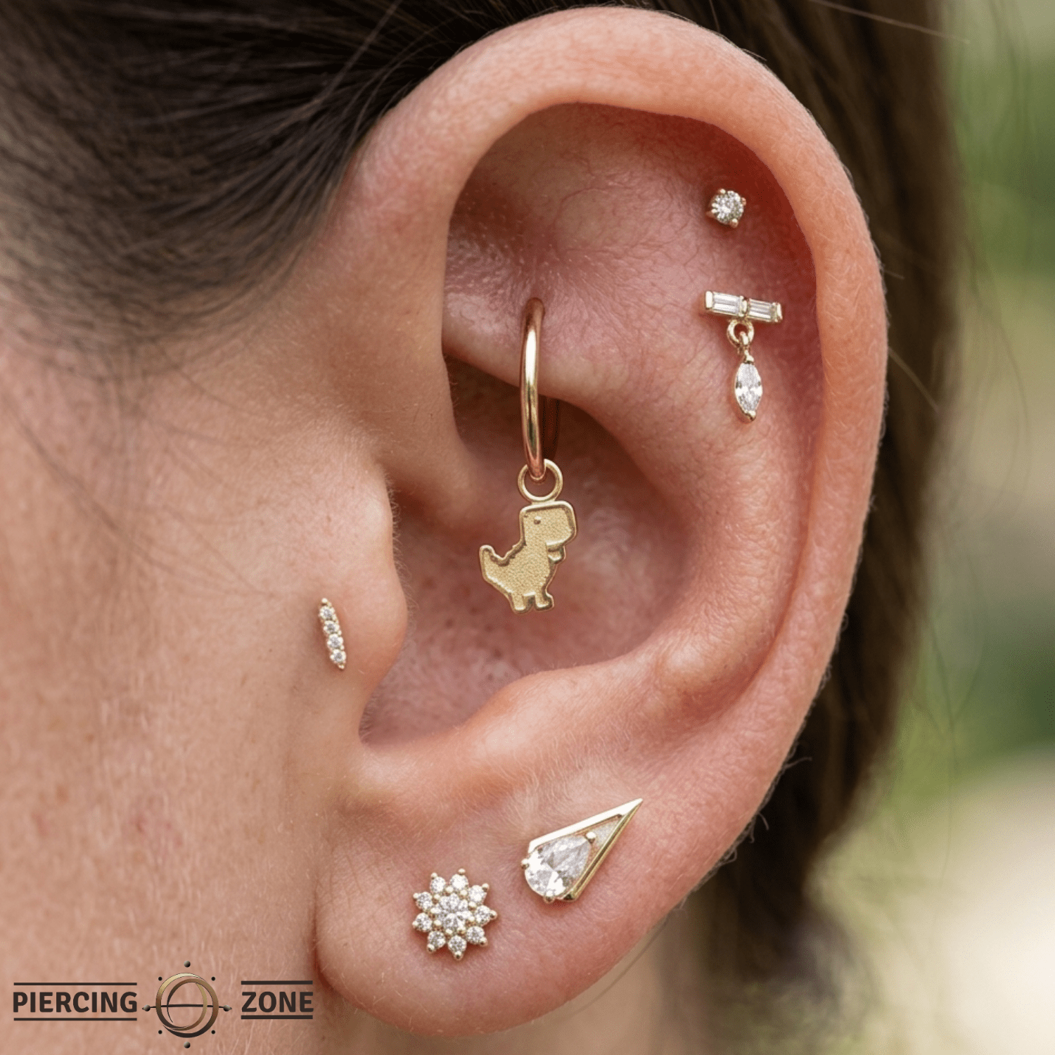 Pixel Dinosaur Charm – 14K & 18K Gold Charm - piercing - zone.com