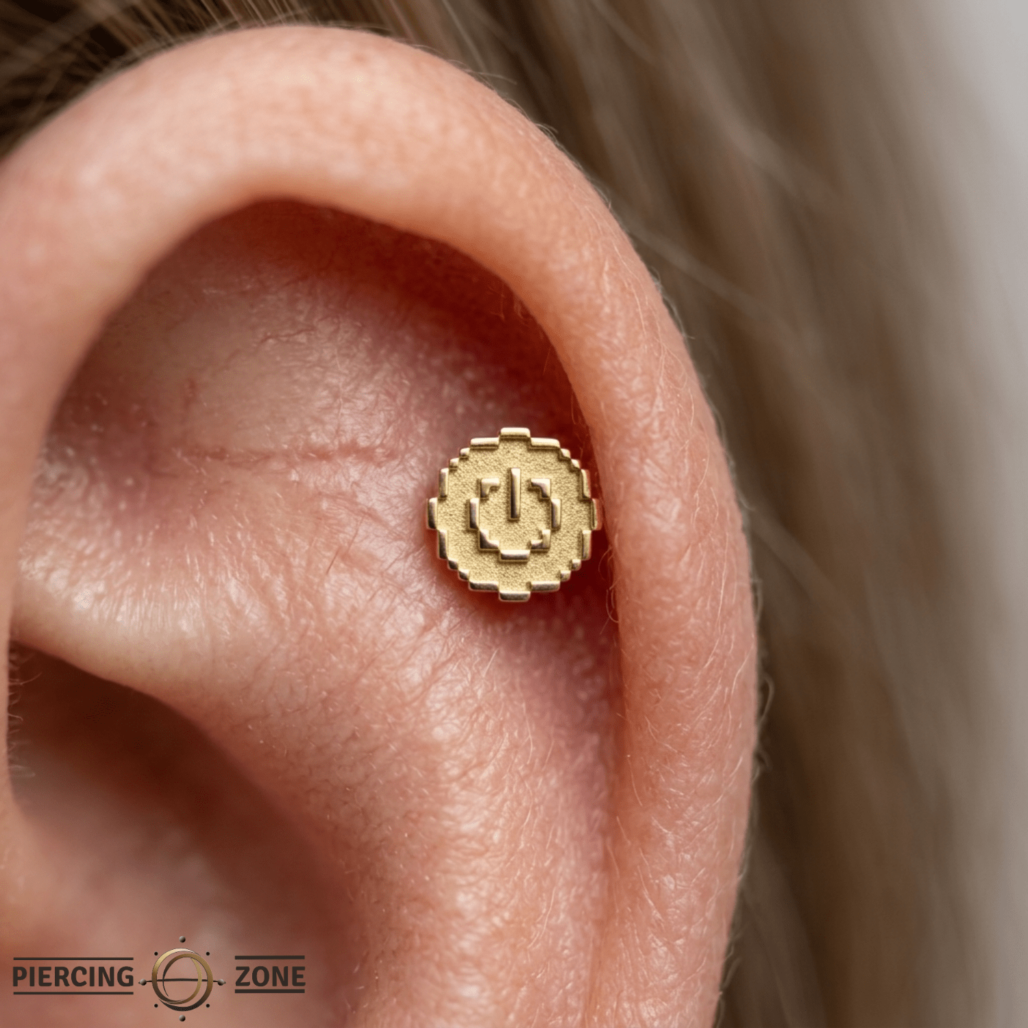 Pixel Power Button – 14K Gold Threadless/Threaded End - piercing - zone.com