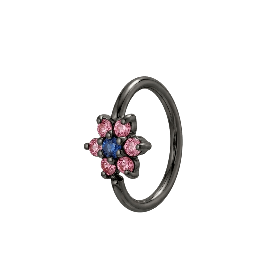 Pointed Bloom - 14K Gold 7 Stone Flower Fixed Bead Ring - piercing - zone.com