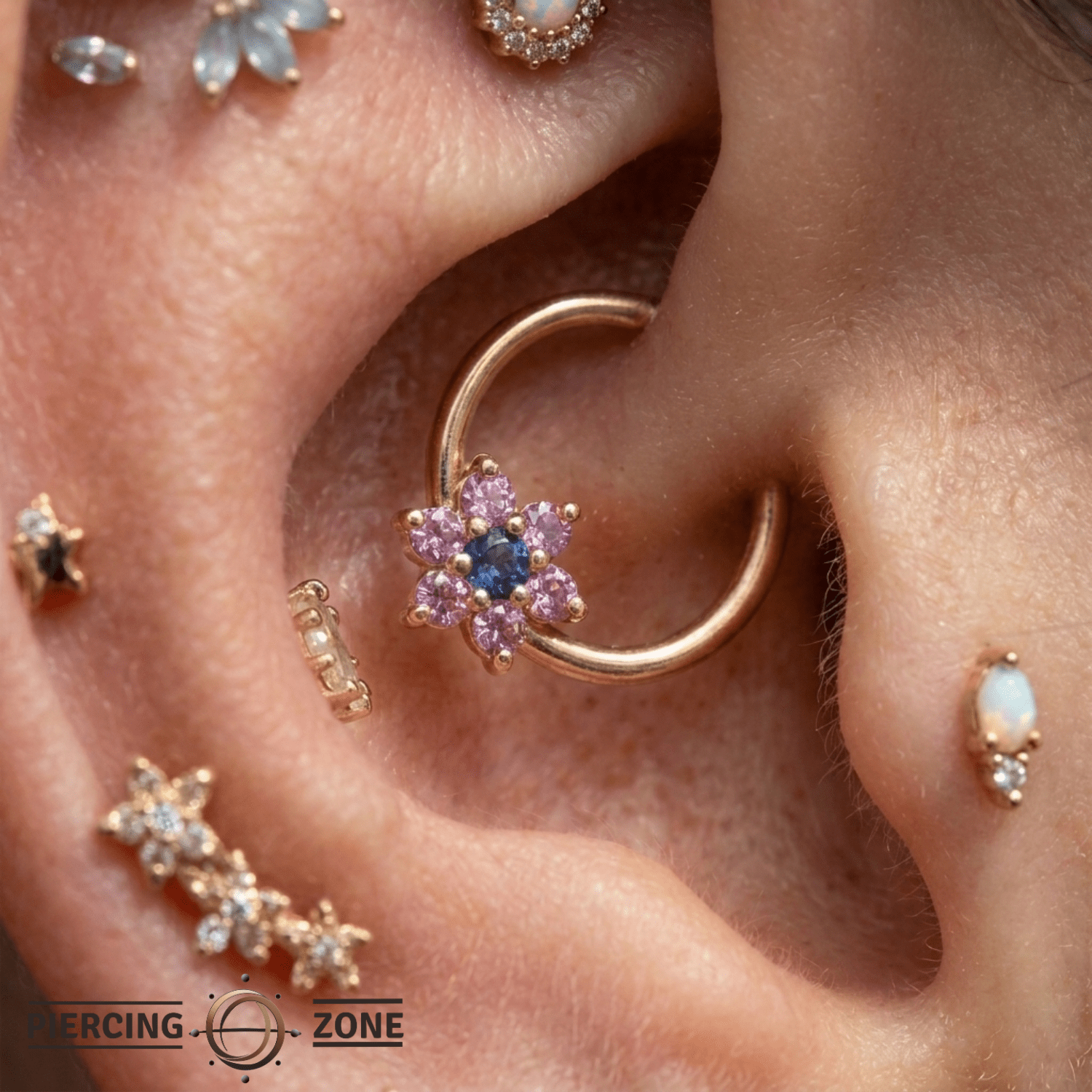 Pointed Bloom - 14K Gold 7 Stone Flower Fixed Bead Ring - piercing - zone.com