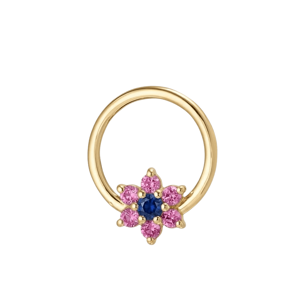 Pointed Bloom - 14K Gold 7 Stone Flower Fixed Bead Ring - piercing - zone.com