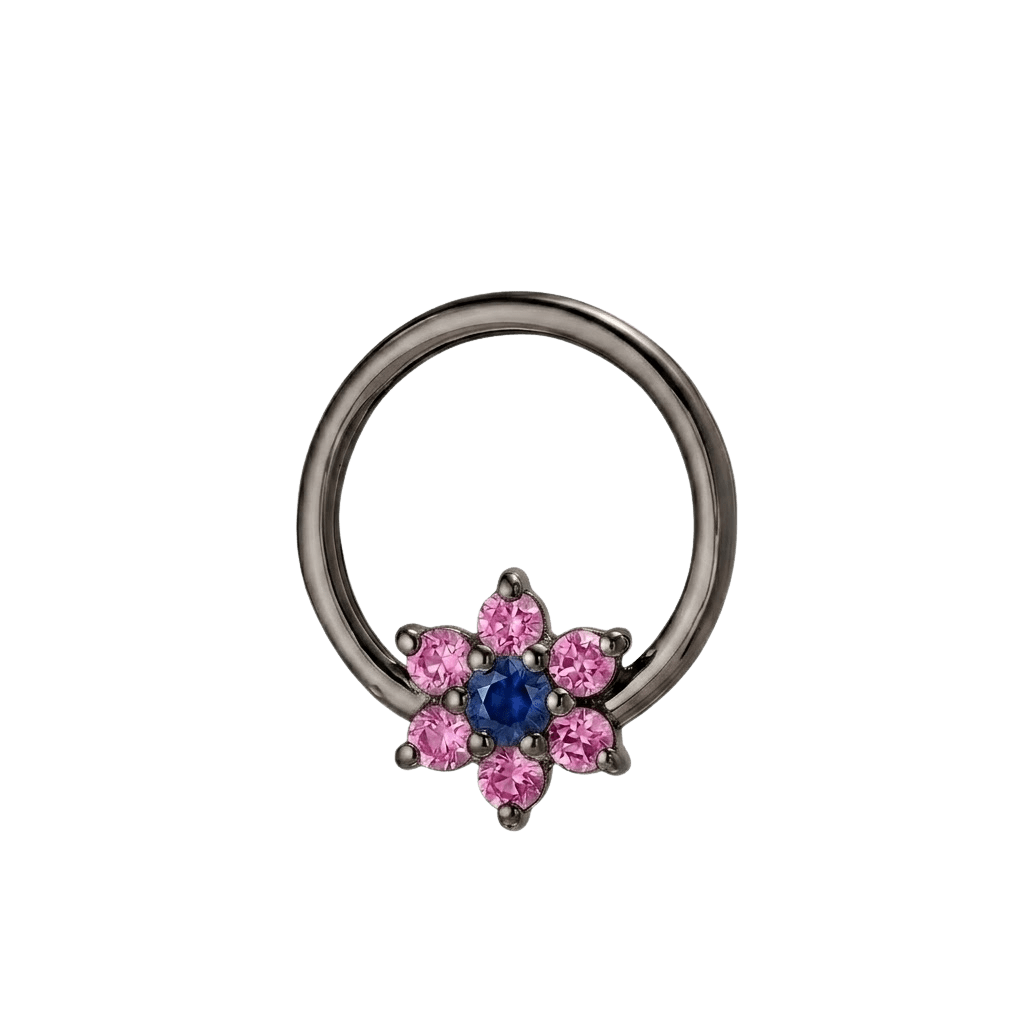 Pointed Bloom - 14K Gold 7 Stone Flower Fixed Bead Ring - piercing - zone.com