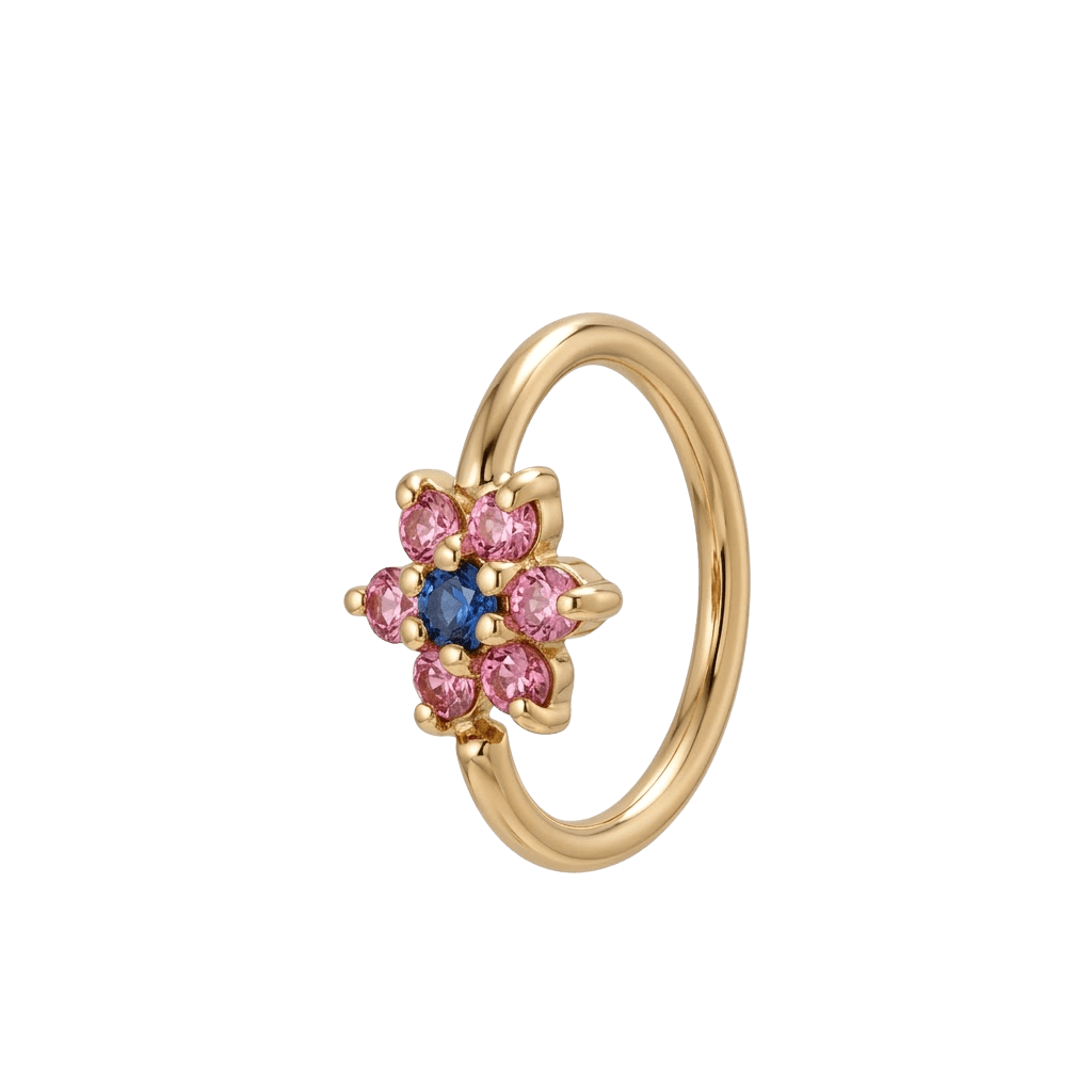 Pointed Bloom - 14K Gold 7 Stone Flower Fixed Bead Ring - piercing - zone.com