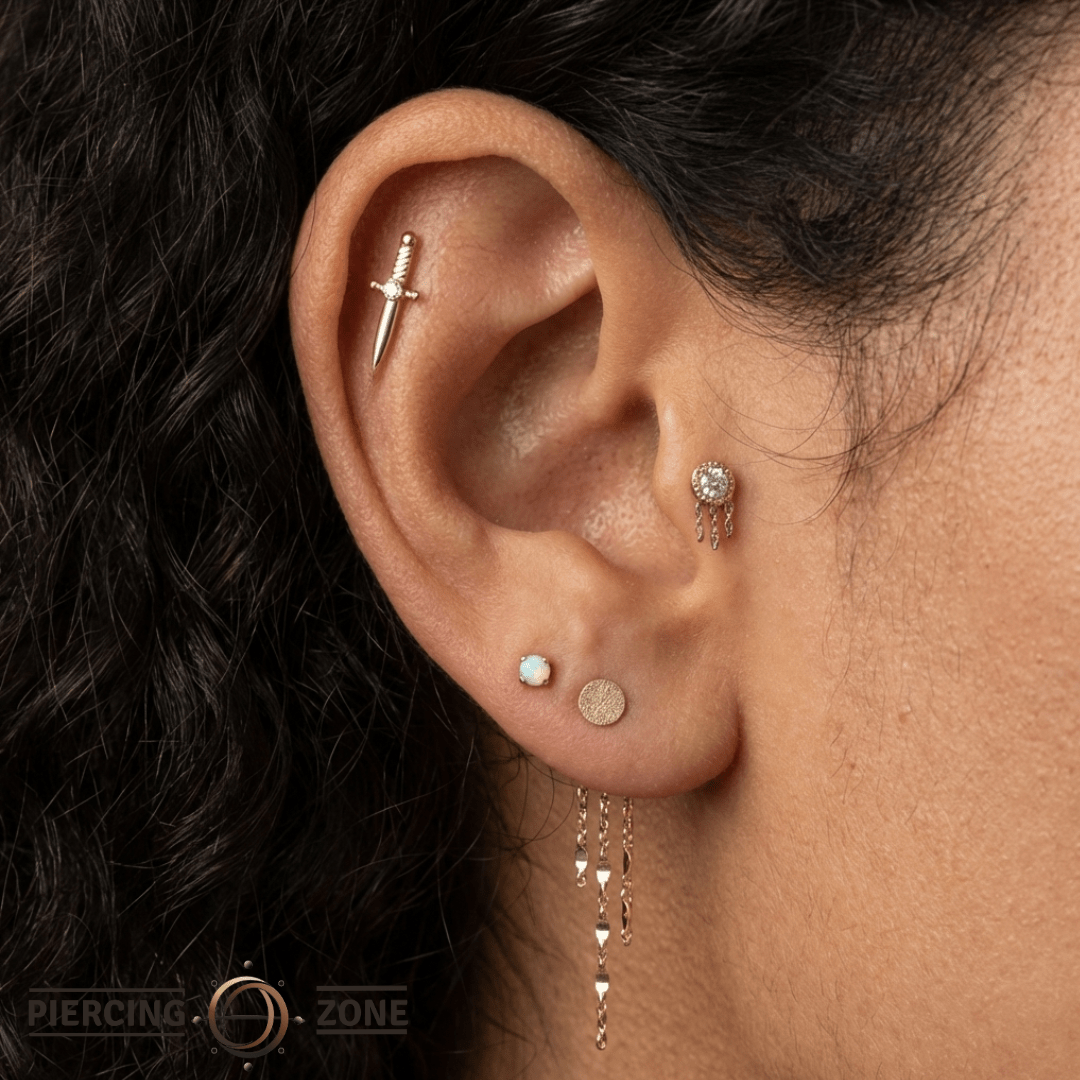 Rebel Rebel – Reverse - Set CZ with Chains – 14K Gold Threadless End - piercing - zone.com