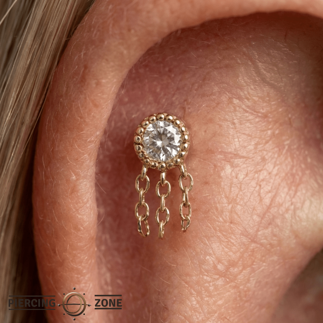 Rebel Rebel – Reverse - Set CZ with Chains – 14K Gold Threadless End - piercing - zone.com