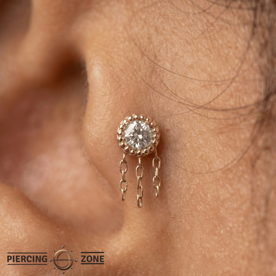 Rebel Rebel – Reverse - Set CZ with Chains – 14K Gold Threadless End - piercing - zone.com
