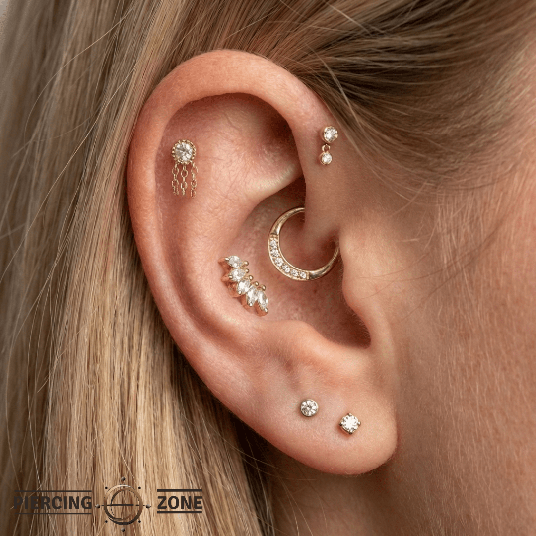 Rebel Rebel – Reverse - Set CZ with Chains – 14K Gold Threadless End - piercing - zone.com